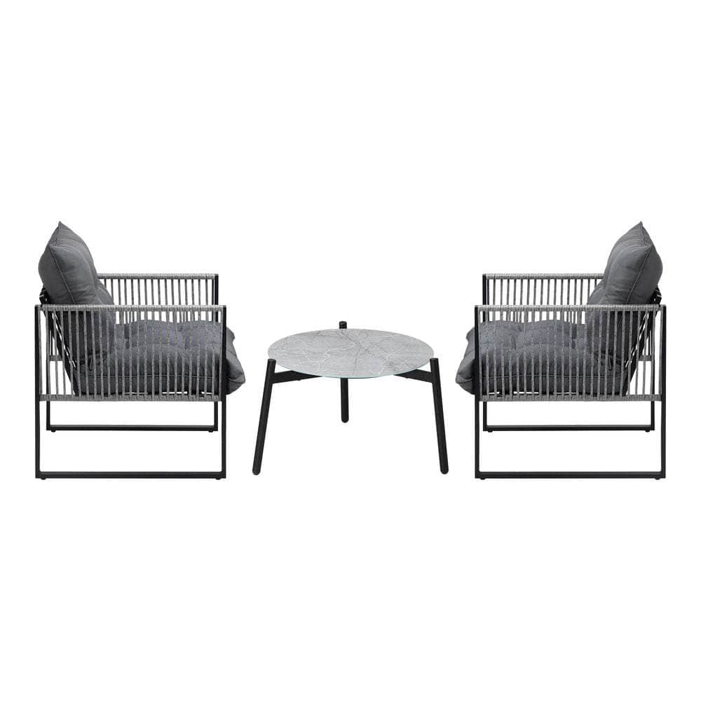3PCS Outdoor Patio Set 50cm Grey Table Cushioned Armchairs