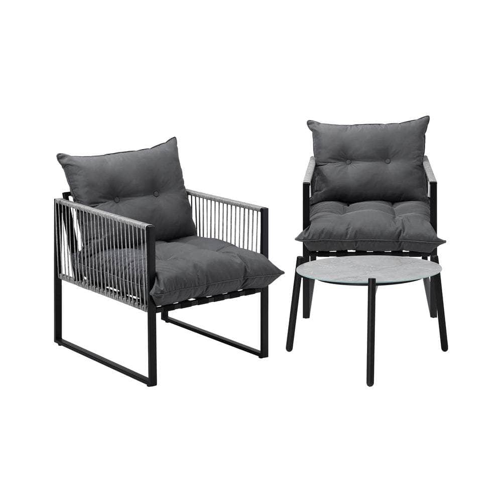 3PCS Outdoor Patio Set 50cm Grey Table Cushioned Armchairs