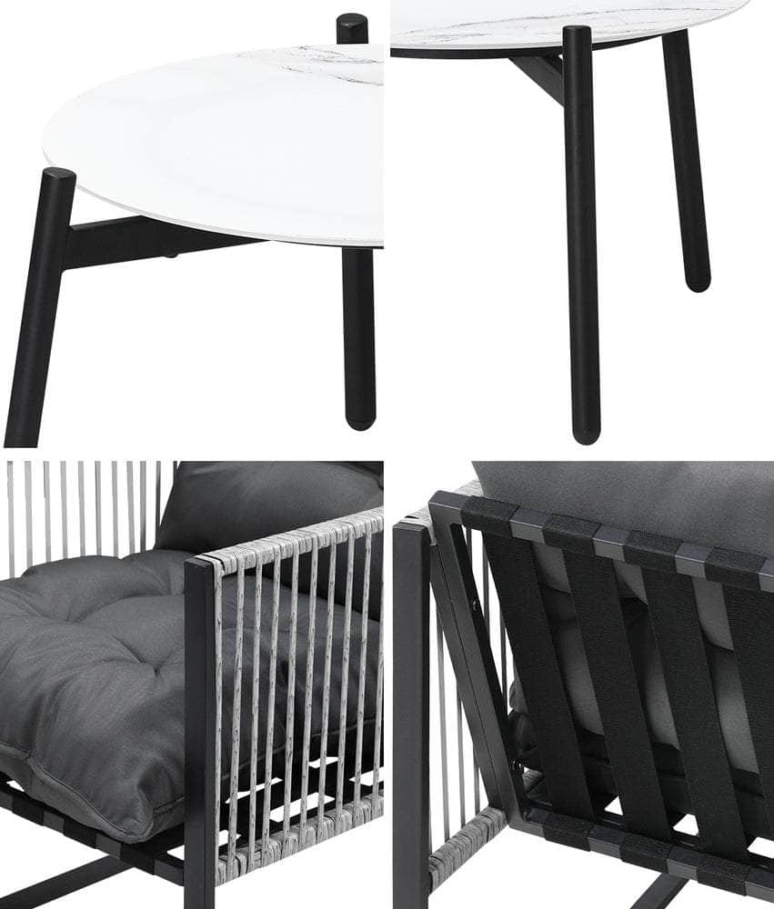 3PCS Outdoor Patio Set 50cm White Table Cushioned Armchairs