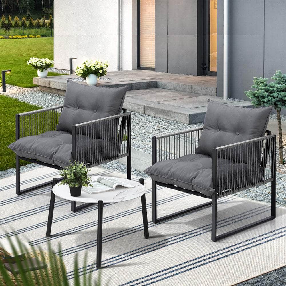 3PCS Outdoor Patio Set 50cm White Table Cushioned Armchairs