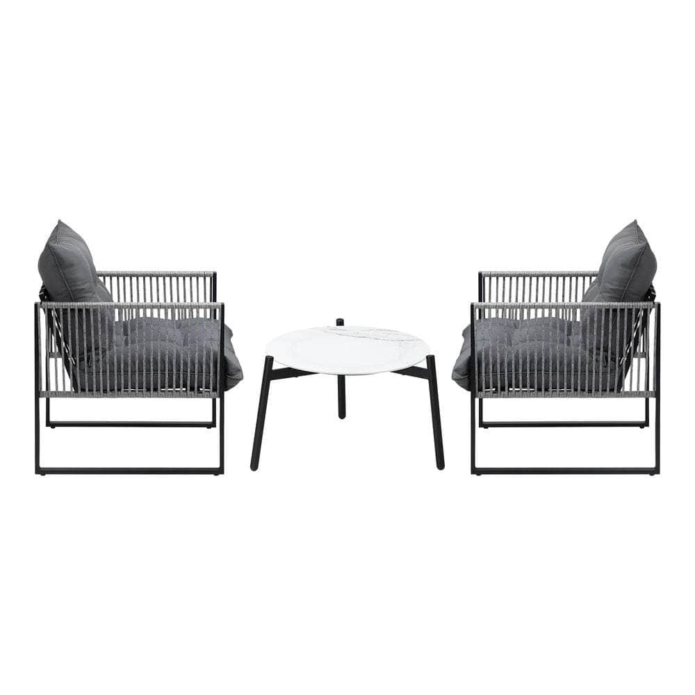 3PCS Outdoor Patio Set 50cm White Table Cushioned Armchairs