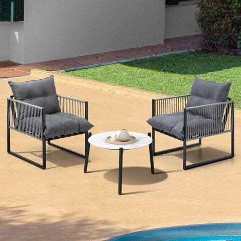 3PCS Outdoor Patio Set 50cm White Table Cushioned Armchairs