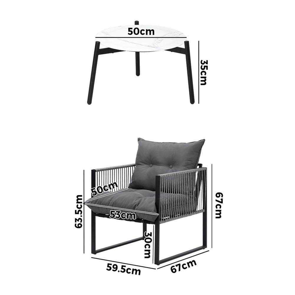 3PCS Outdoor Patio Set 50cm White Table Cushioned Armchairs