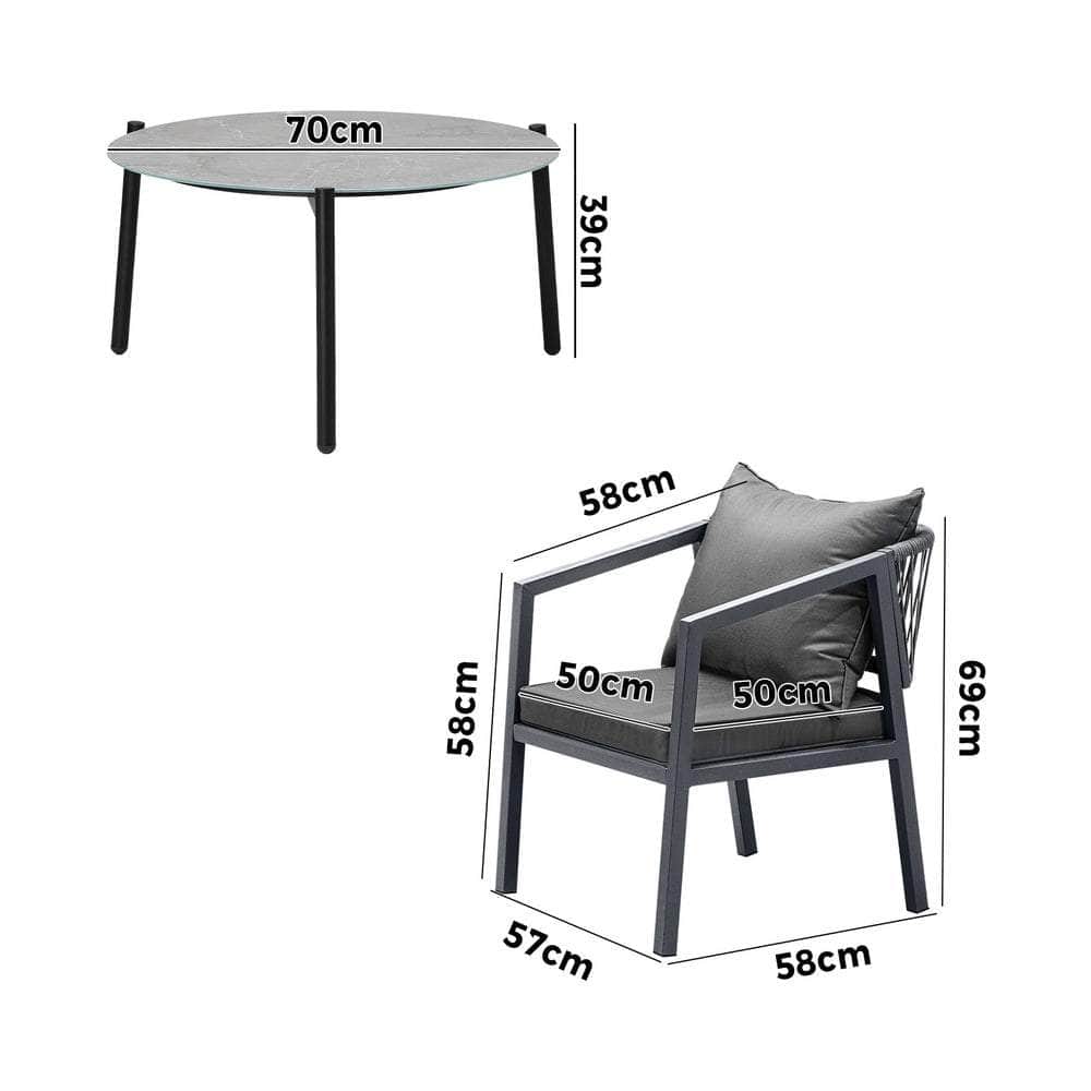 3PCS Outdoor Patio Set 70cm & 50cm Coffee Table Grey Chairs