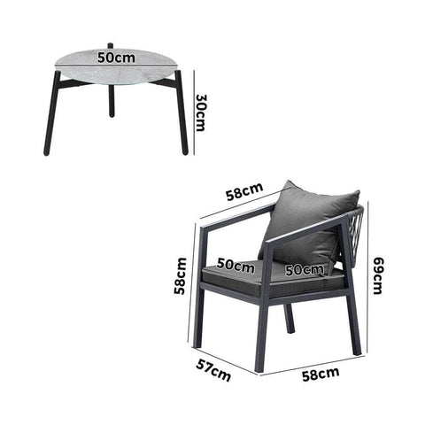 3PCS Outdoor Patio Set 70cm & 50cm Coffee Table Grey Chairs