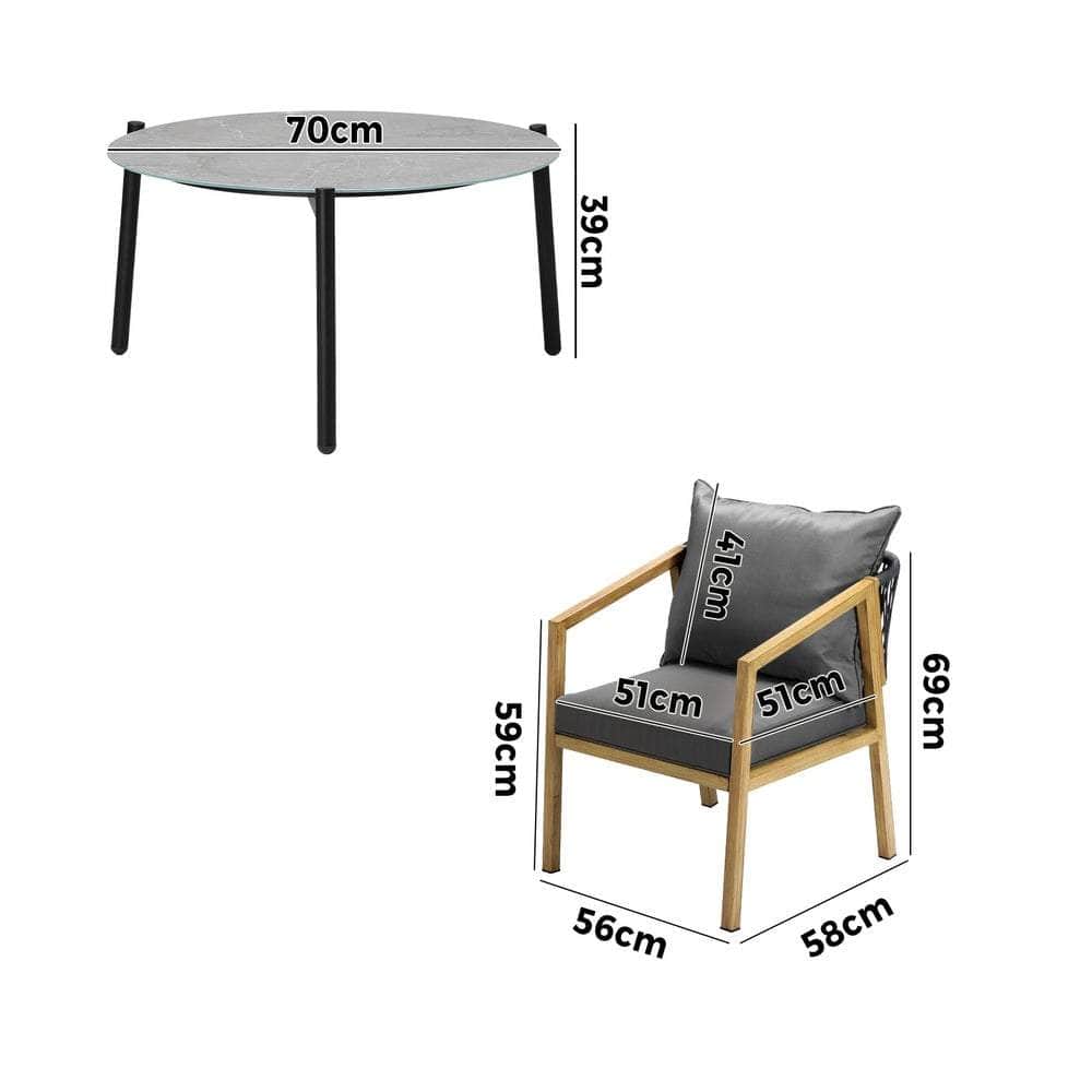 3PCS Outdoor Patio Set 70cm Coffee Table Natural Chairs
