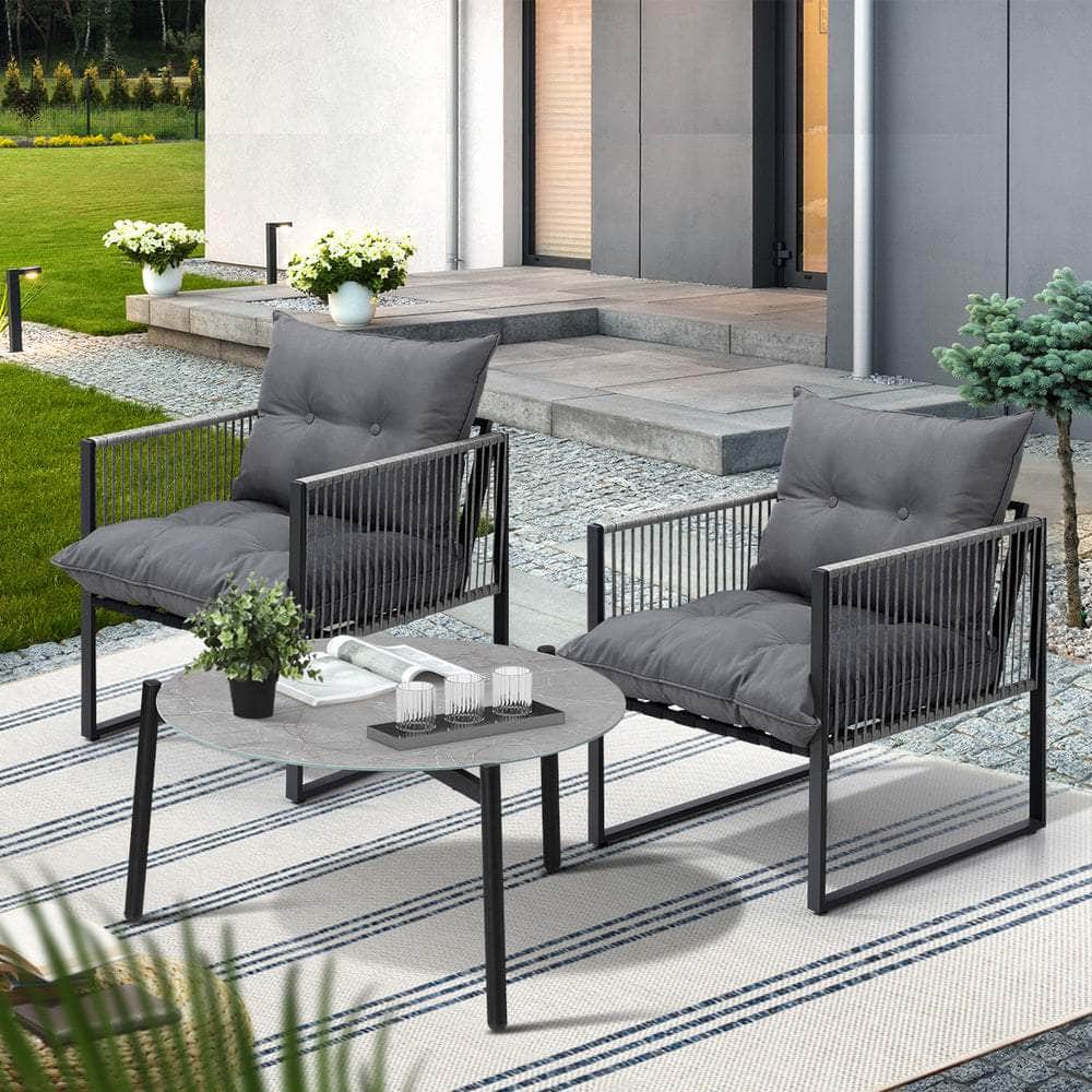 3PCS Outdoor Patio Set Grey 70cm Table Cushioned Armchairs