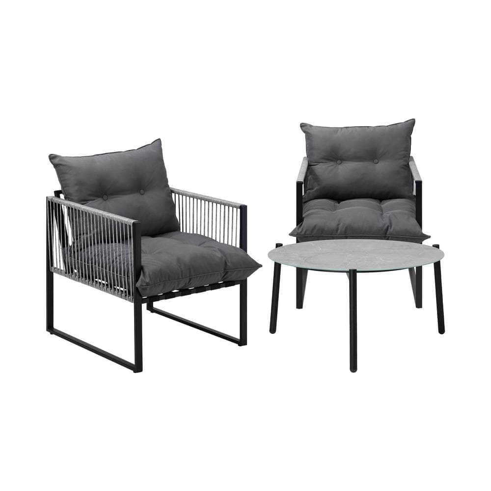 3PCS Outdoor Patio Set Grey 70cm Table Cushioned Armchairs