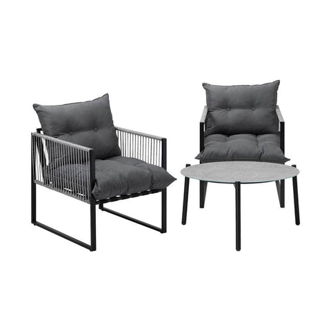 3PCS Outdoor Patio Set Grey 70cm Table Cushioned Armchairs