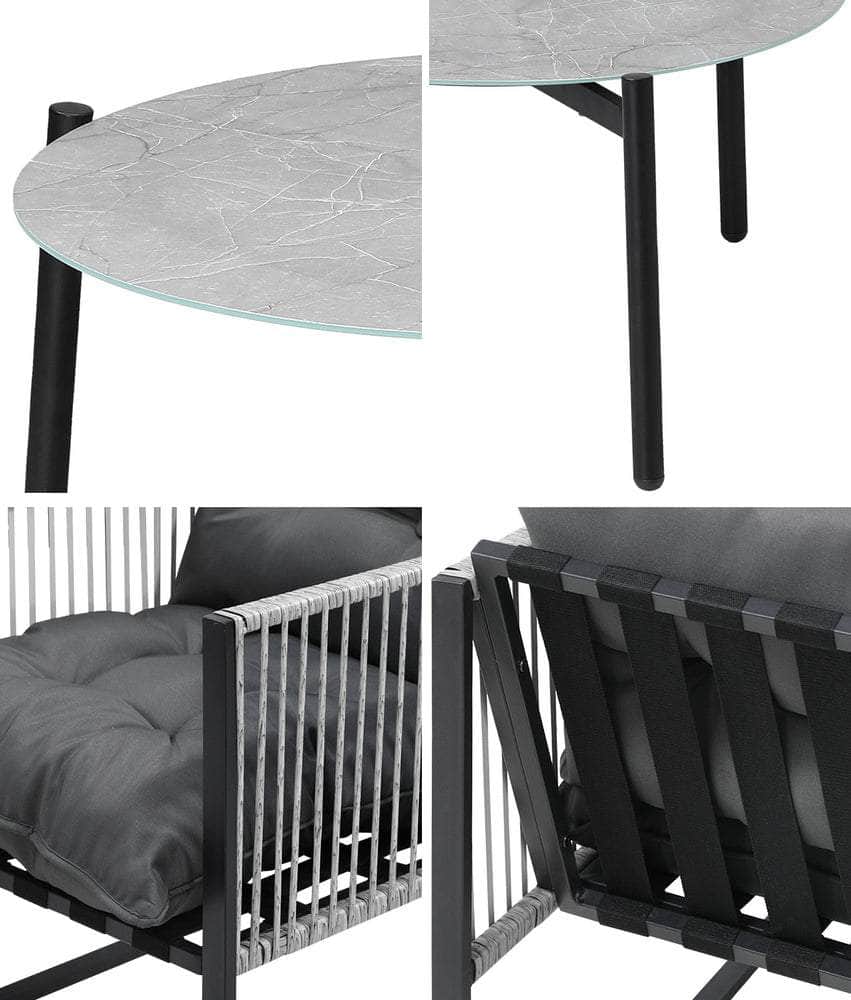 3PCS Outdoor Patio Set Grey 70cm Table Cushioned Armchairs
