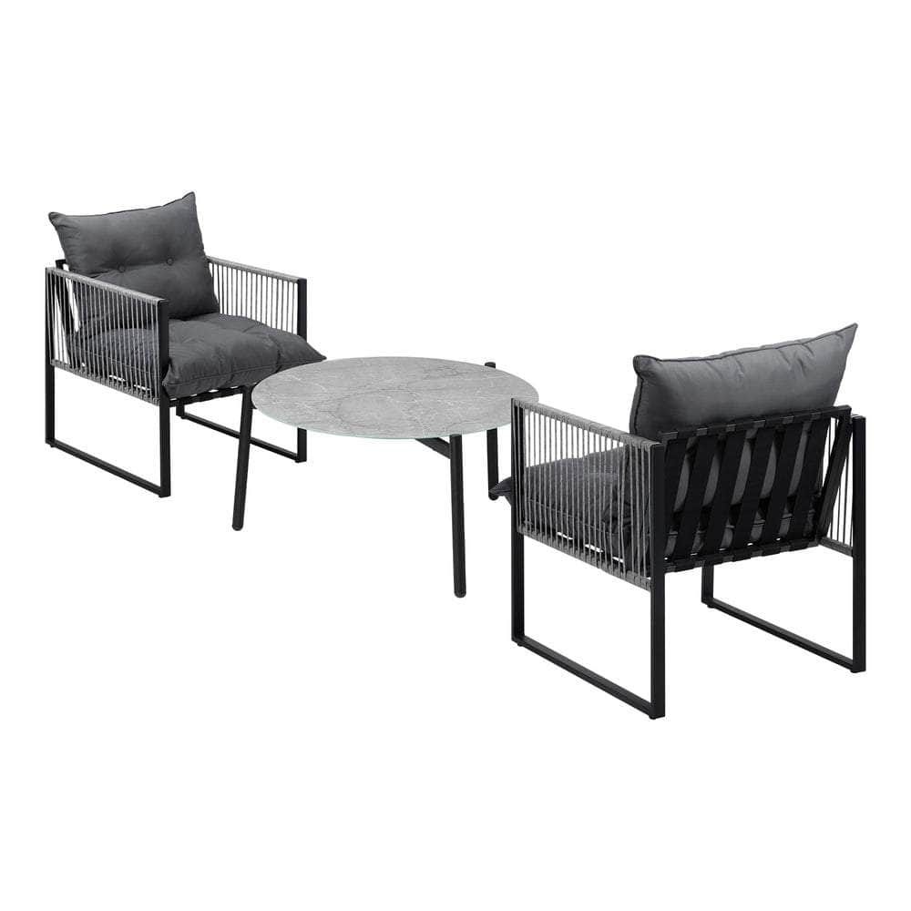 3PCS Outdoor Patio Set Grey 70cm Table Cushioned Armchairs