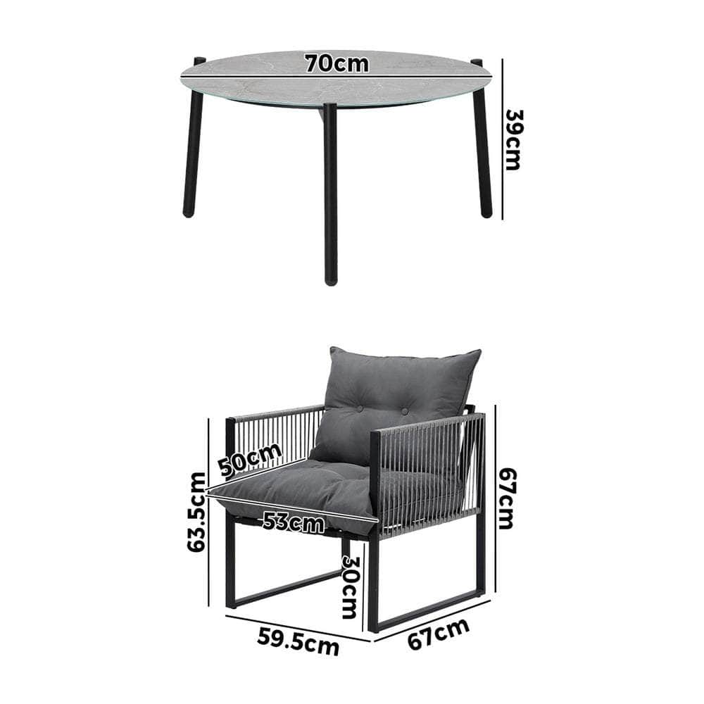 3PCS Outdoor Patio Set Grey 70cm Table Cushioned Armchairs