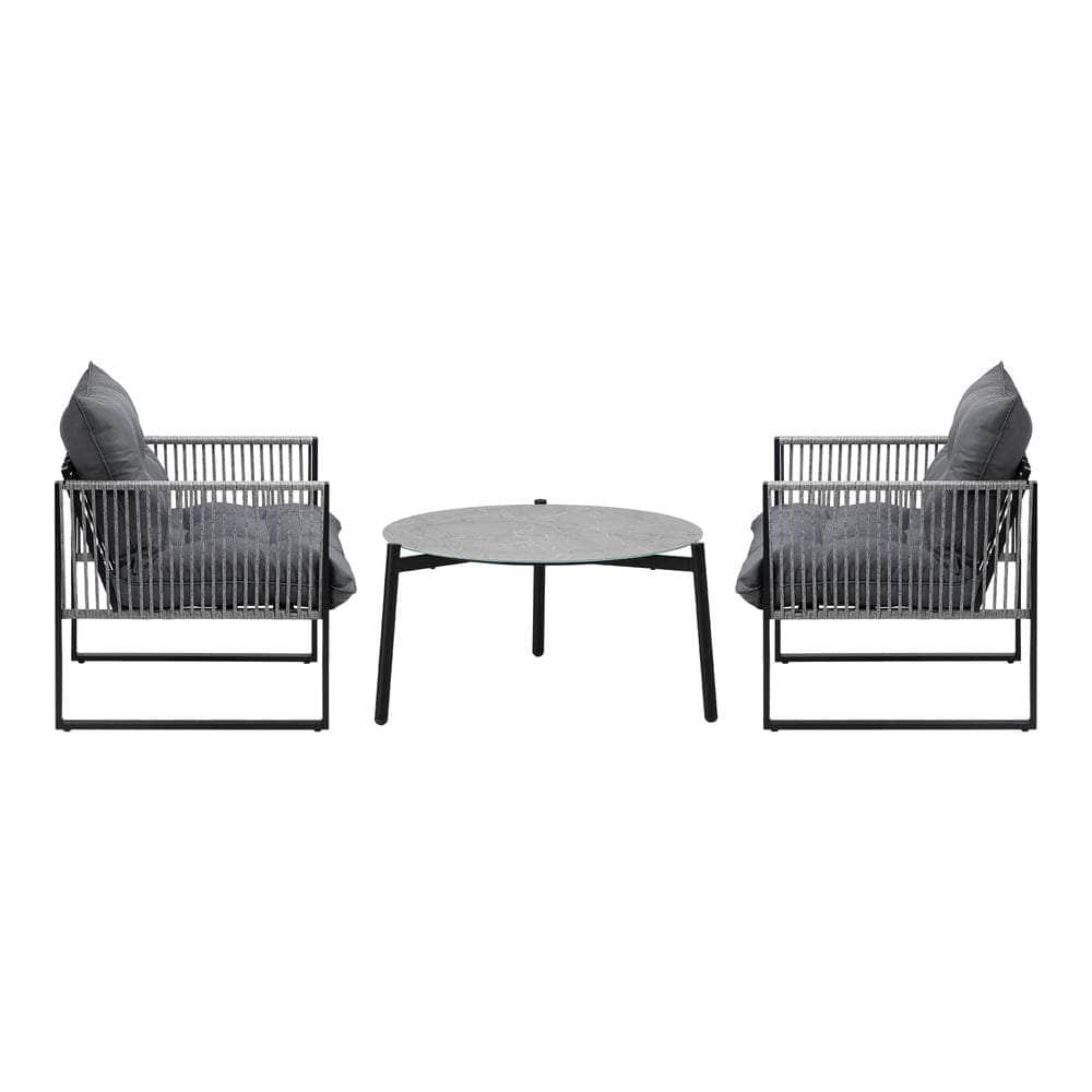 3PCS Outdoor Patio Set Grey 70cm Table Cushioned Armchairs