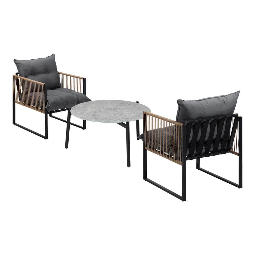 3PCS Outdoor Patio Set Grey & Black 70cm Coffee Table Rattan Chairs