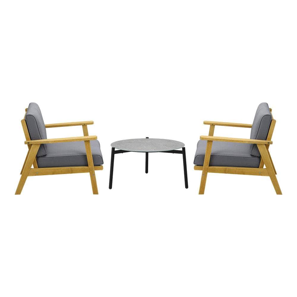 3PCS Outdoor Patio Set Grey & Black 70cm Coffee Table Rattan Chairs