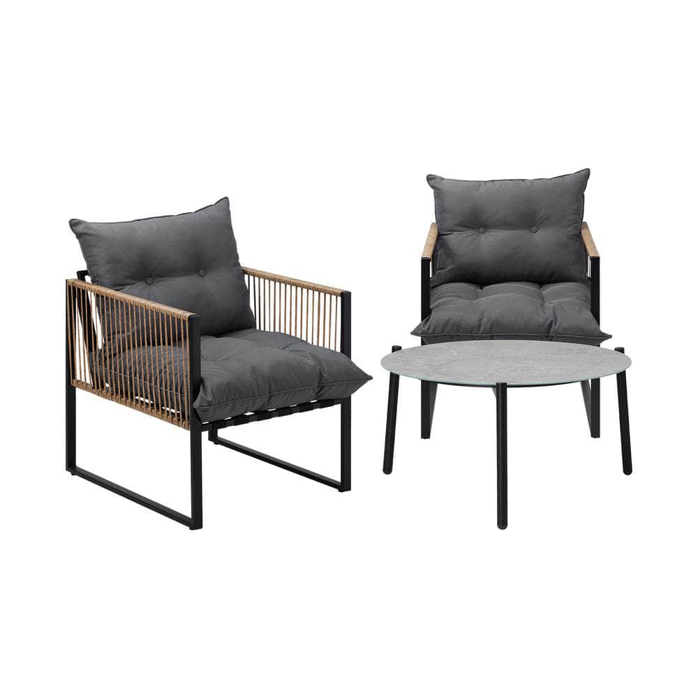 3PCS Outdoor Patio Set Grey & Black 70cm Coffee Table Rattan Chairs