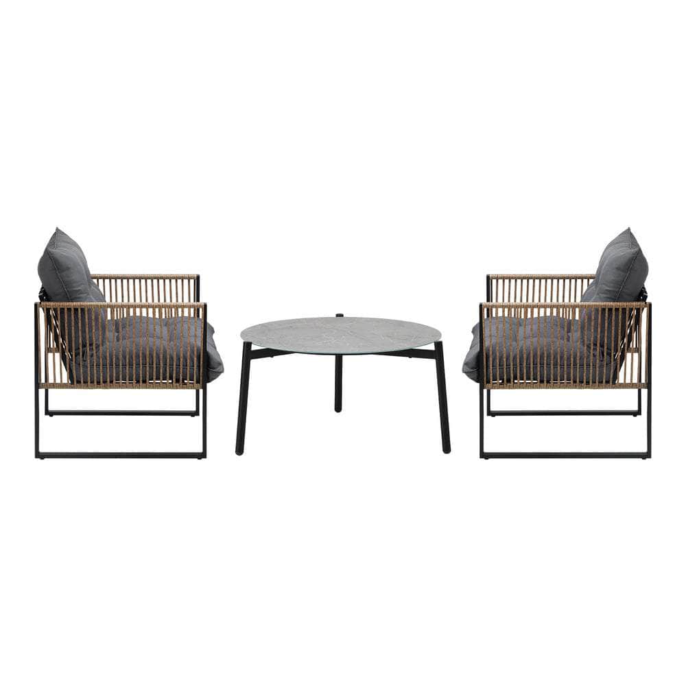 3PCS Outdoor Patio Set Grey & Black 70cm Coffee Table Rattan Chairs