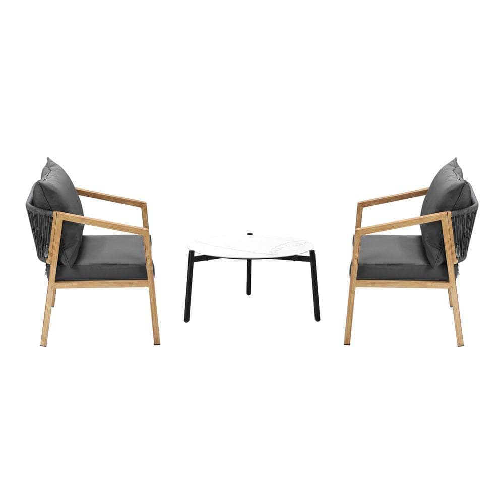 3PCS Outdoor Patio Set White 50cm Coffee Table Grey/Natural Chairs