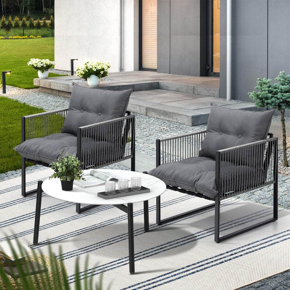 3PCS Outdoor Patio Set White 70cm Table Cushioned Armchairs