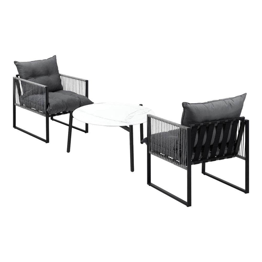 3PCS Outdoor Patio Set White 70cm Table Cushioned Armchairs
