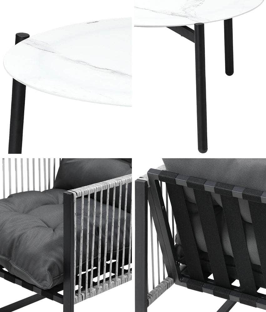 3PCS Outdoor Patio Set White 70cm Table Cushioned Armchairs