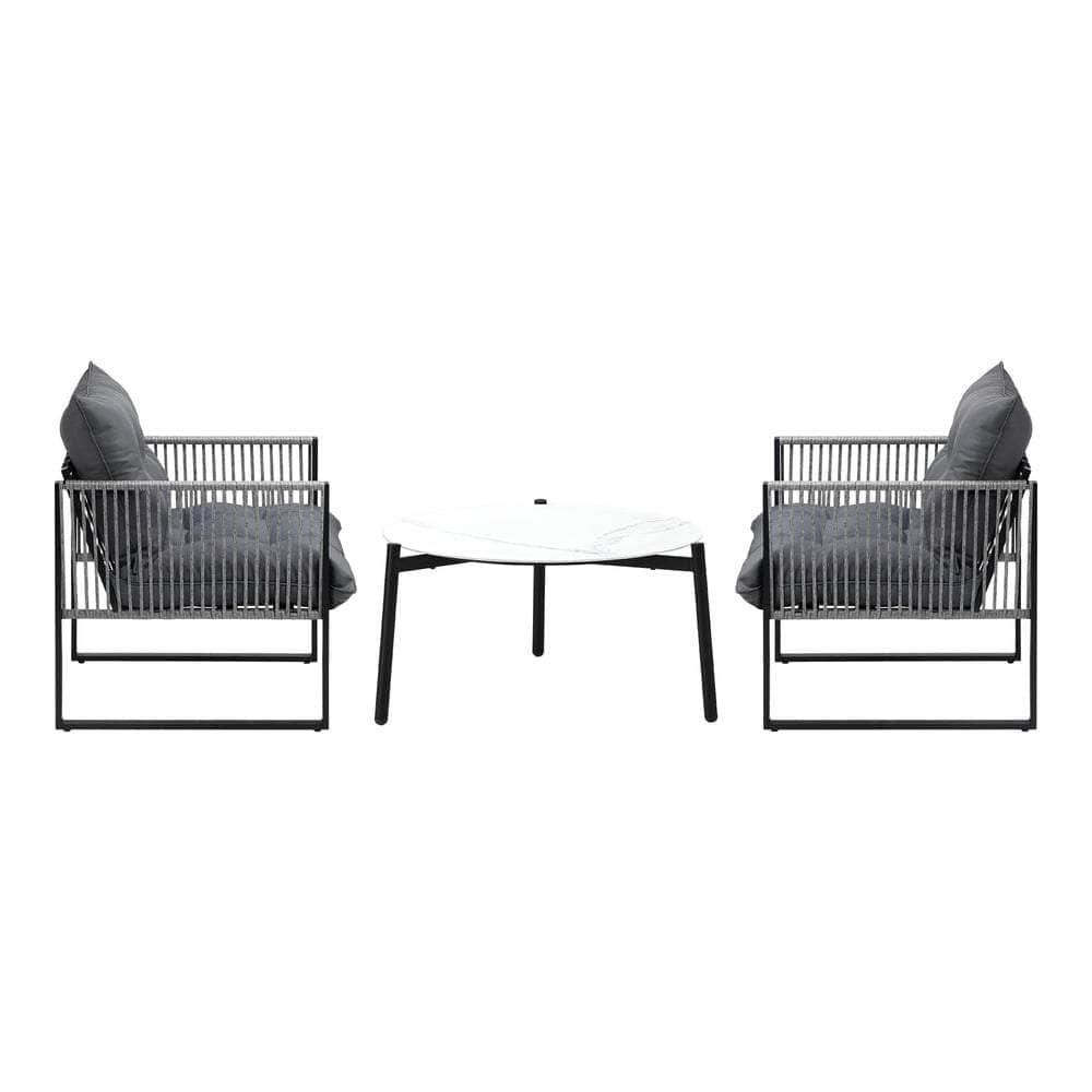3PCS Outdoor Patio Set White 70cm Table Cushioned Armchairs