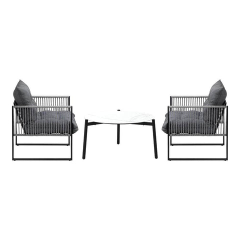3PCS Outdoor Patio Set White 70cm Table Cushioned Armchairs