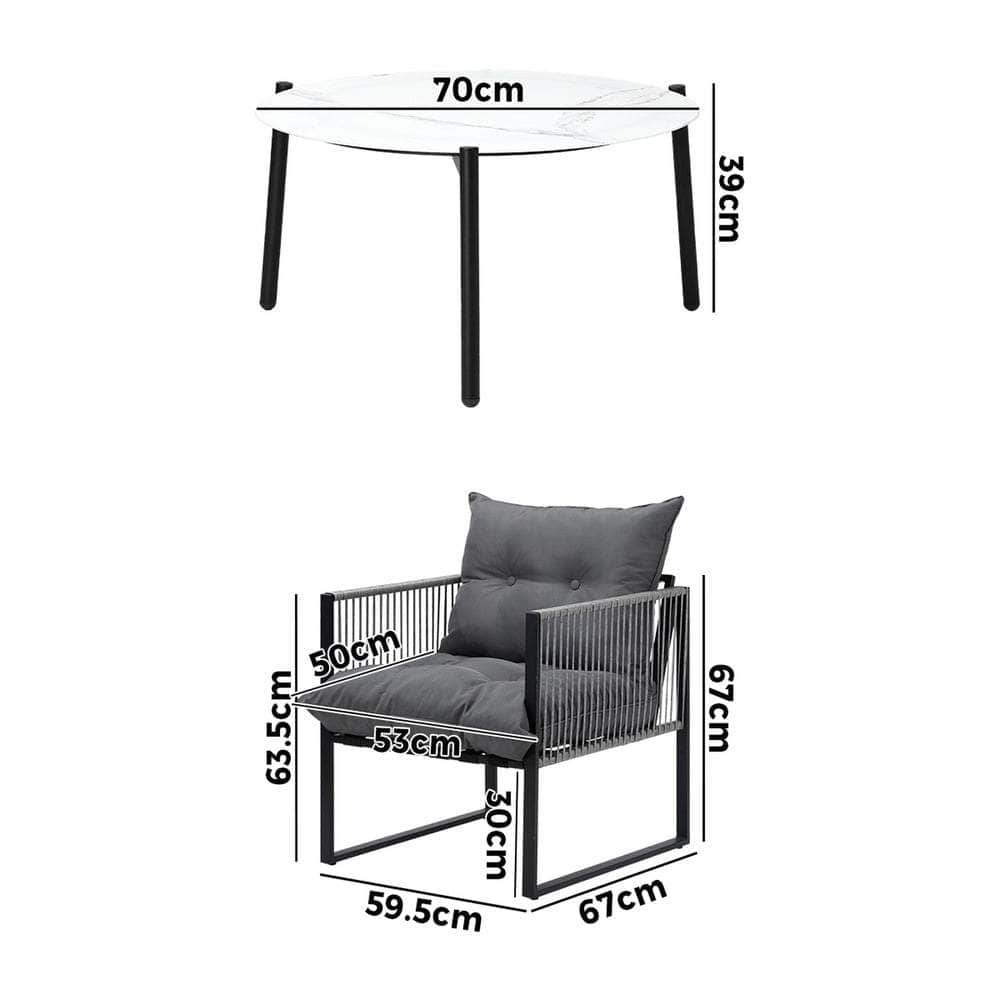 3PCS Outdoor Patio Set White 70cm Table Cushioned Armchairs