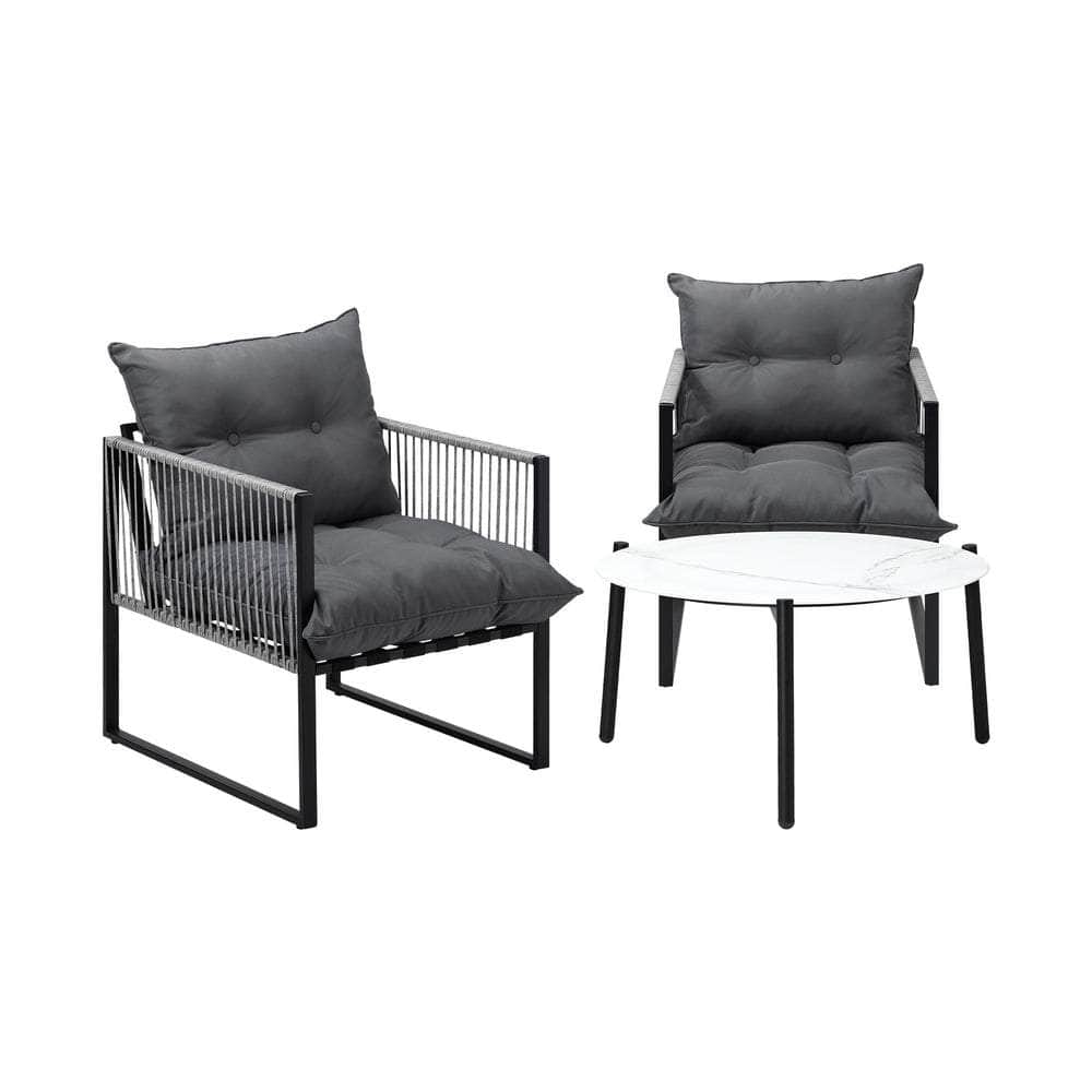 3PCS Outdoor Patio Set White 70cm Table Cushioned Armchairs