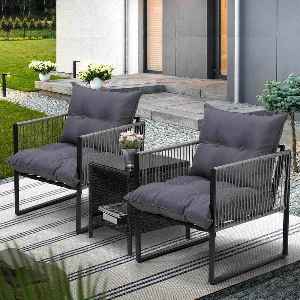 3PCS Outdoor Patio Set Wicker Table Chairs with Cushions