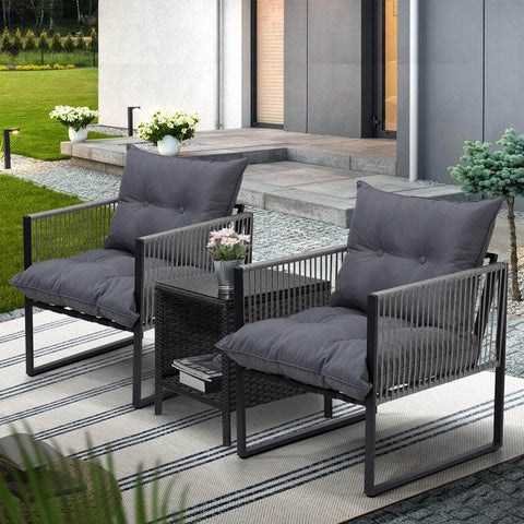 3PCS Outdoor Patio Set Wicker Table Chairs with Cushions
