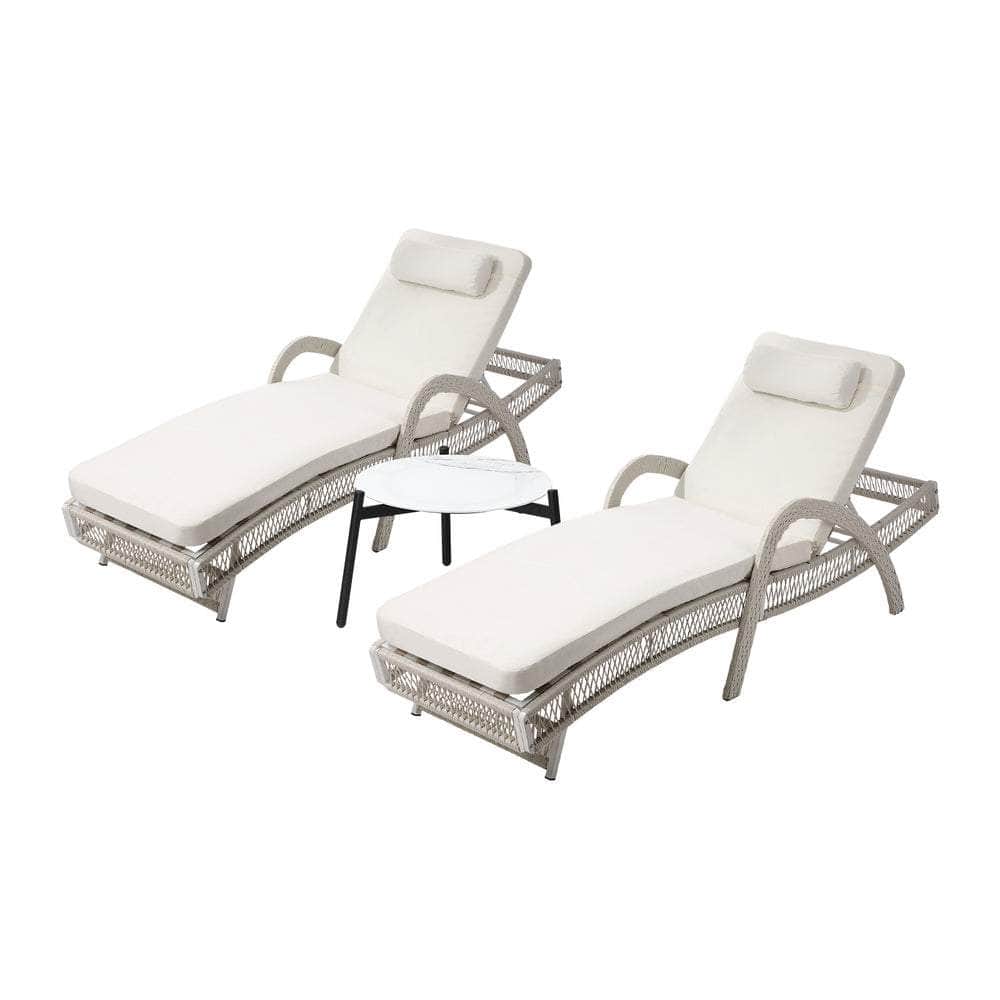 3PCS Outdoor Sun Lounger Wicker Lounge Table Chairs Grey & Beige