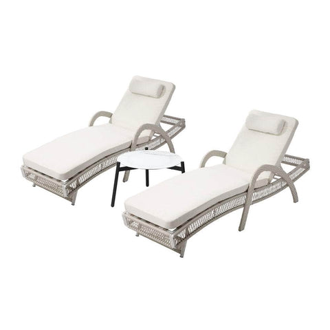 3PCS Outdoor Sun Lounger Wicker Lounge Table Chairs Grey & Beige