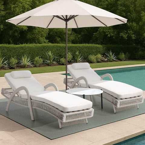 3PCS Outdoor Sun Lounger Wicker Lounge Table Chairs Grey & Beige