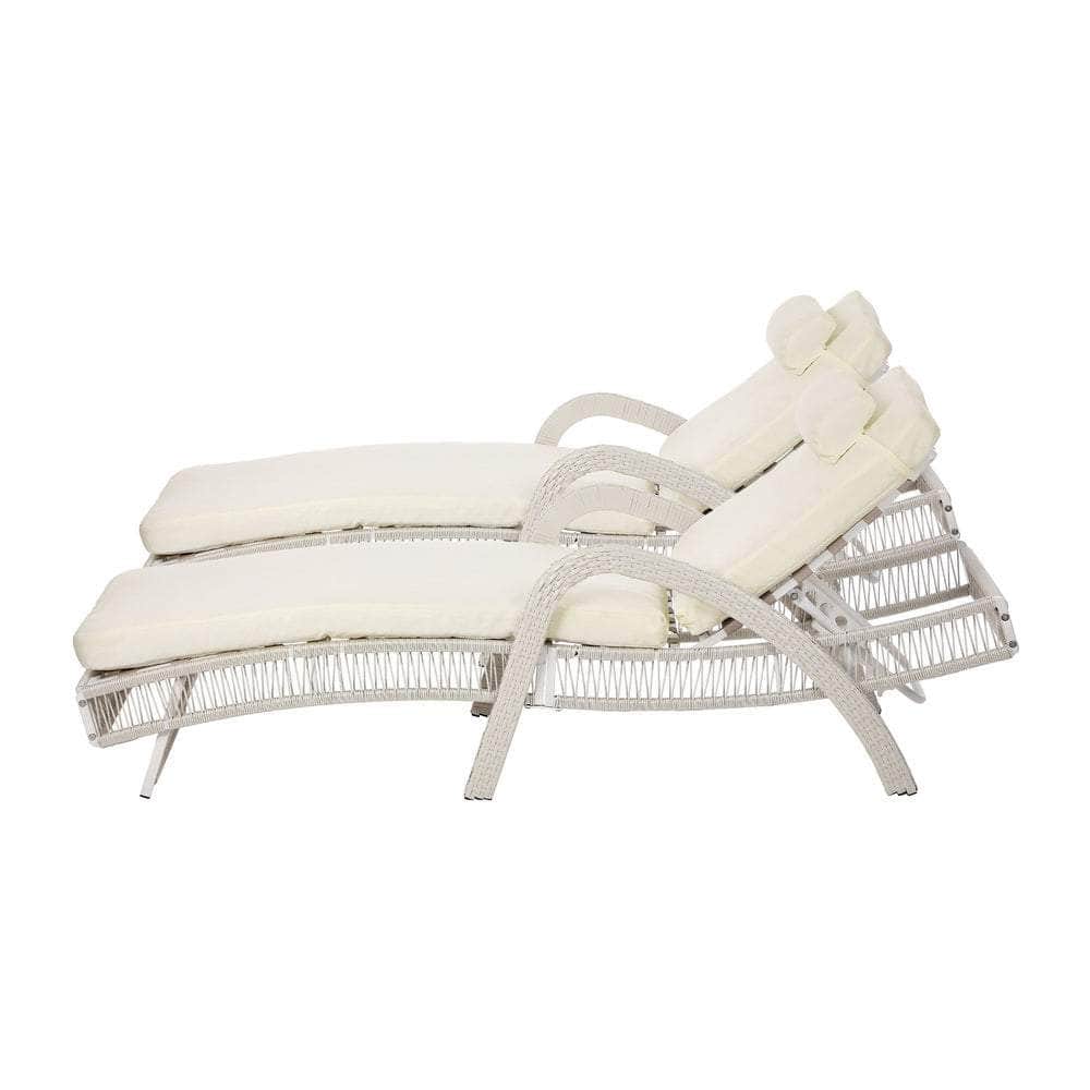3PCS Outdoor Sun Lounger Wicker Lounge Table Chairs Grey & Beige