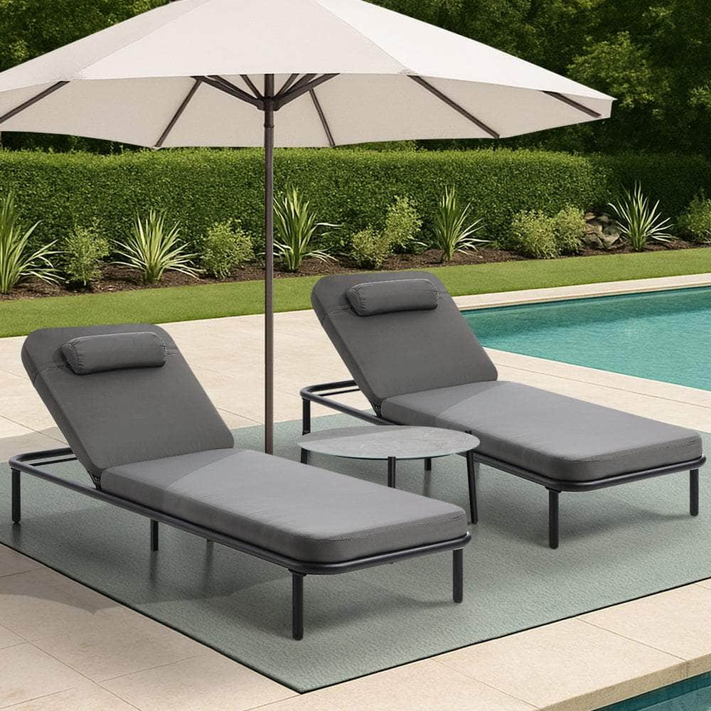 3PCS Sun Lounge Outdoor Lounger Set Table Chairs Beige & Grey