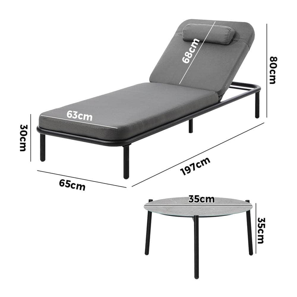 3PCS Sun Lounge Outdoor Lounger Set Table Chairs Beige & Grey