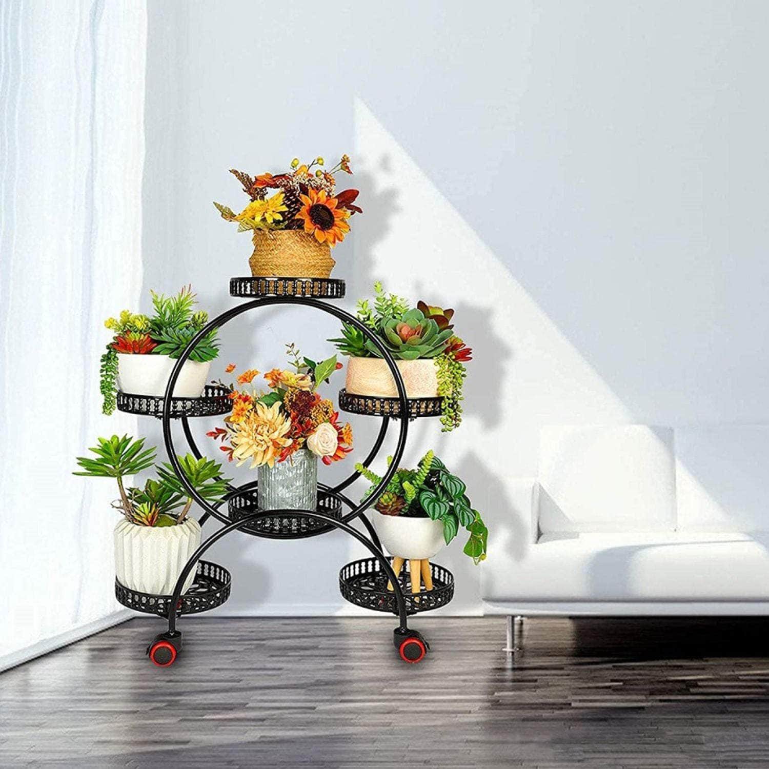4 Layer 6 Pots Flower Holder Plant Stand Shelf With 4-Wheel (Black)