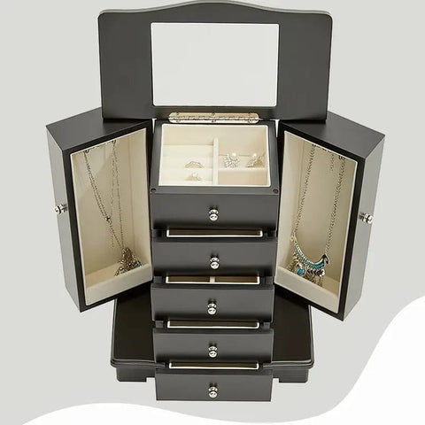 4-Layer Black Wooden Jewelry Box with Drawers for Rings, Necklaces, and Earrings