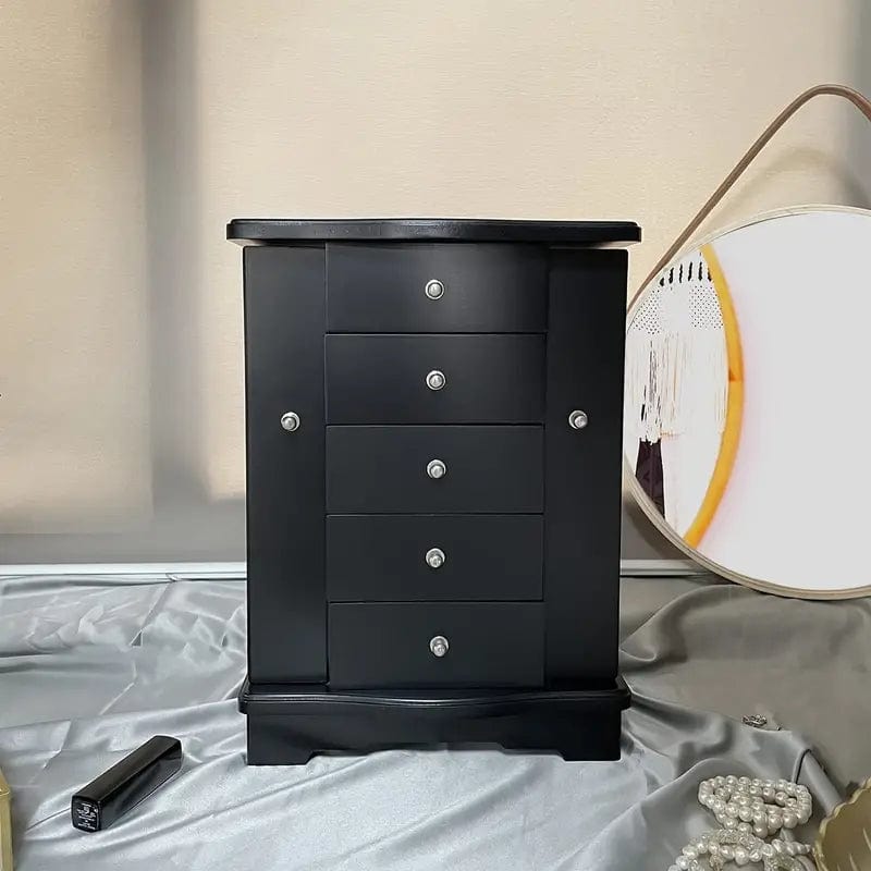 4-Layer Black Wooden Jewelry Box with Drawers for Rings, Necklaces, and Earrings
