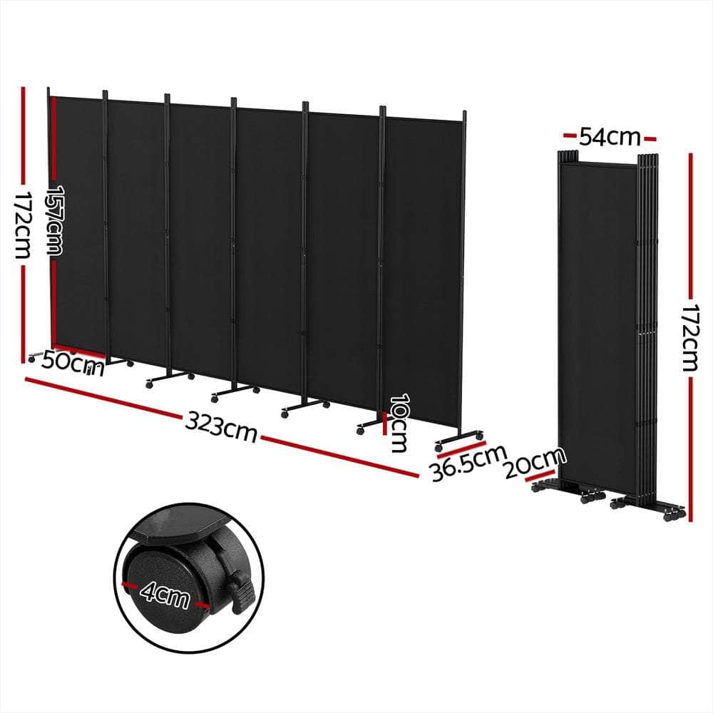 4 Panel Room Divider Screen Wheel Fabric Black