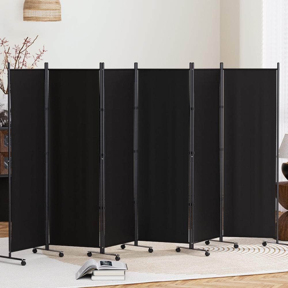 4 Panel Room Divider Screen Wheel Fabric Black