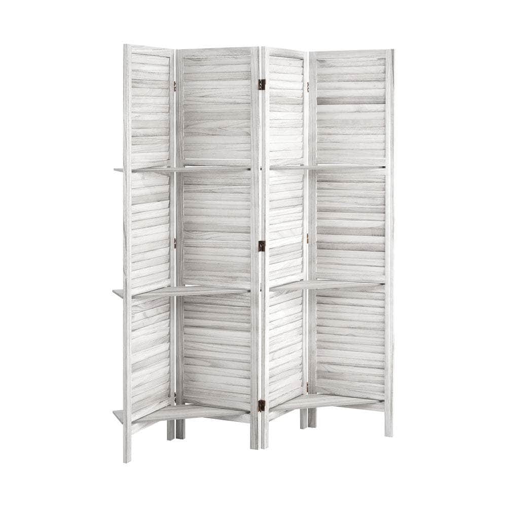 4 Panel Room Divider With Shelves Timber Wooden Natural