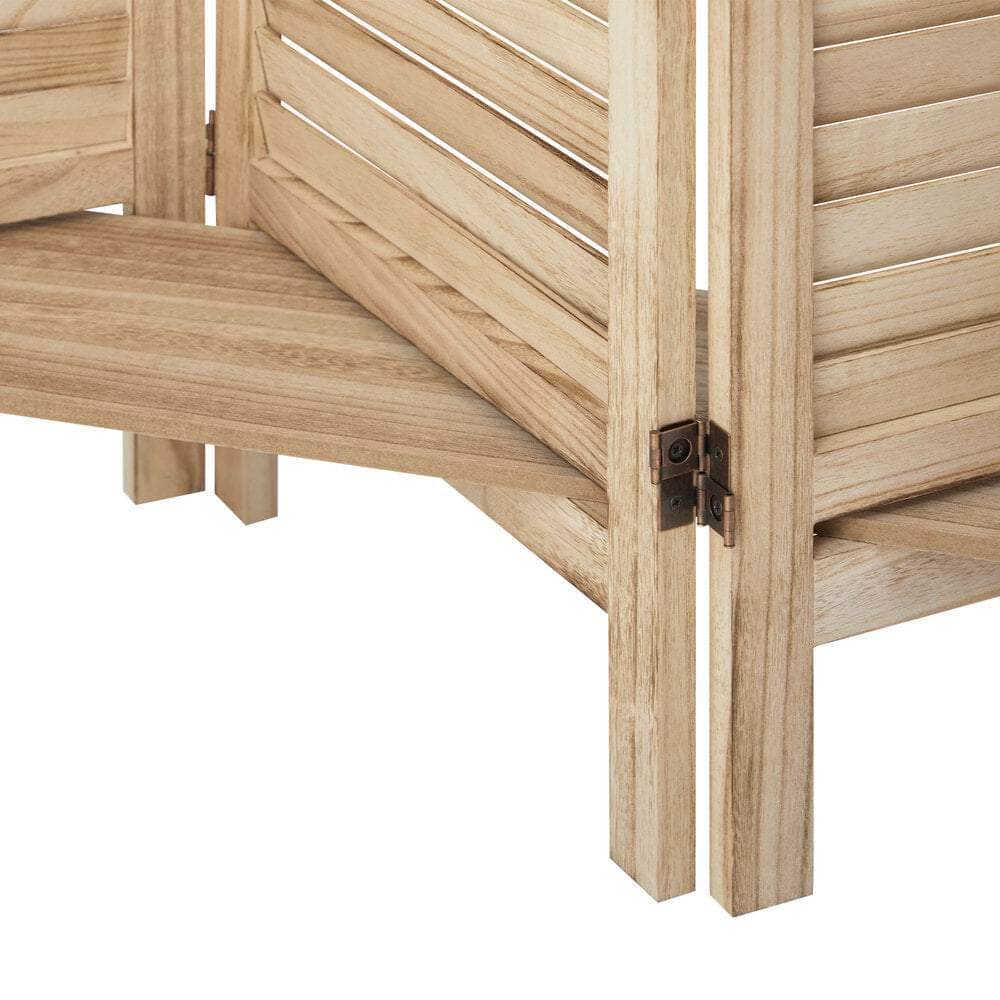 4 Panel Room Divider With Shelves Timber Wooden Natural with Natural colour