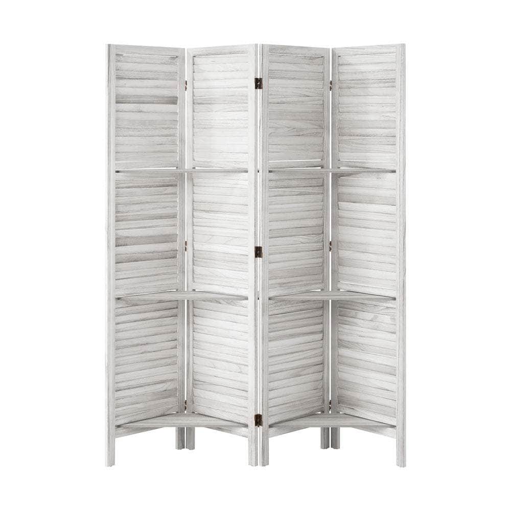 4 Panel Room Divider With Shelves Timber Wooden Natural