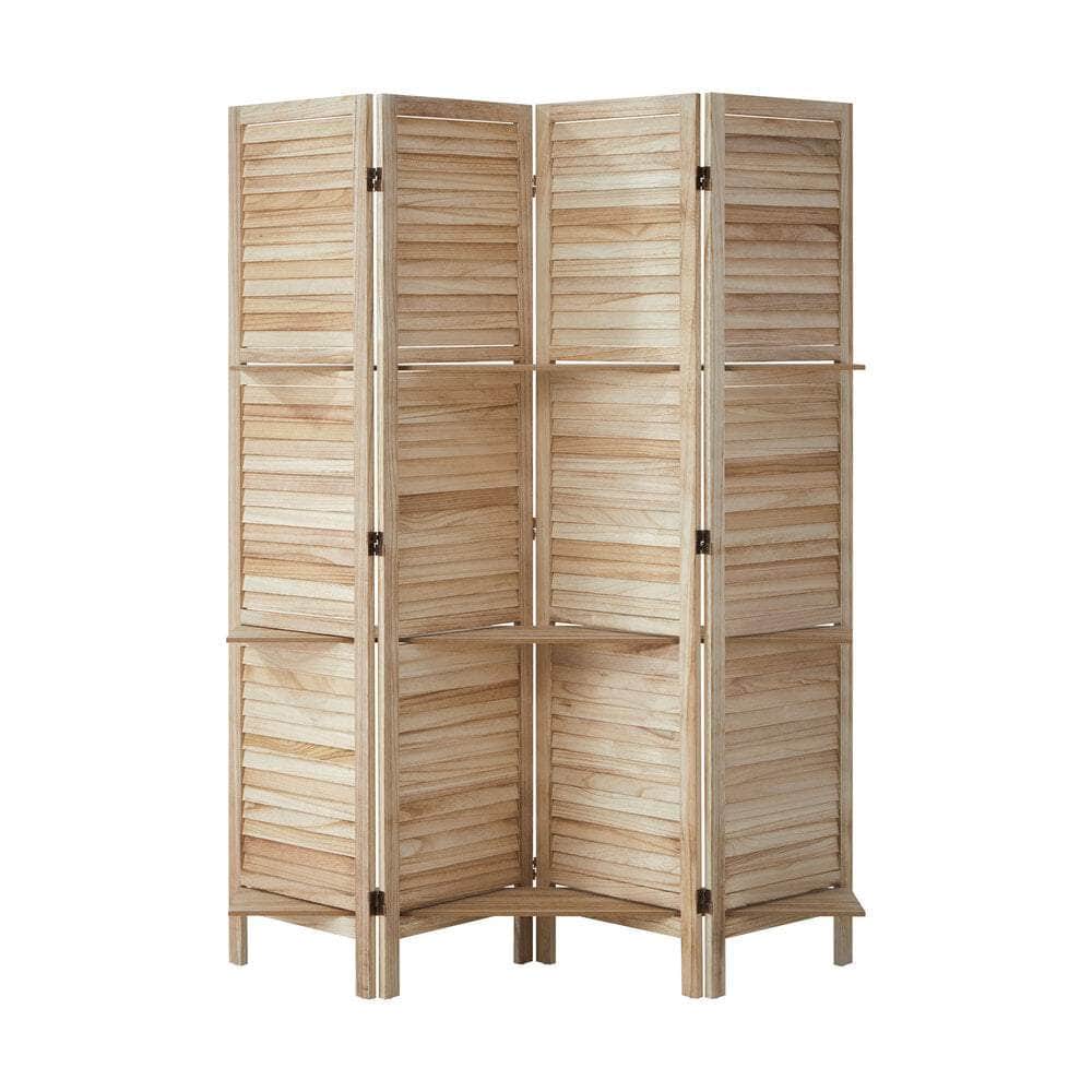4 Panel Room Divider With Shelves Timber Wooden Natural, Natural colour