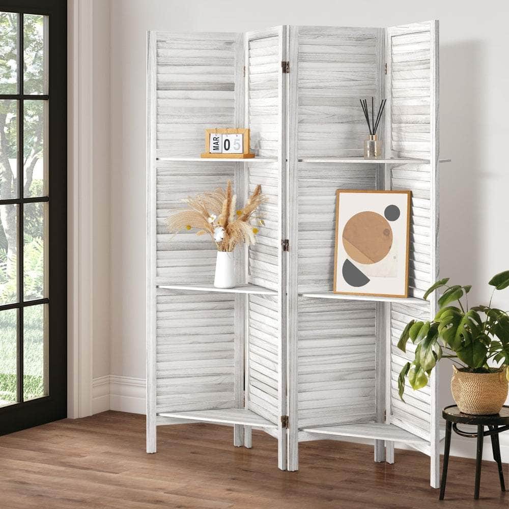 Natural colour - 4 Panel Room Divider With Shelves Timber Wooden Natural