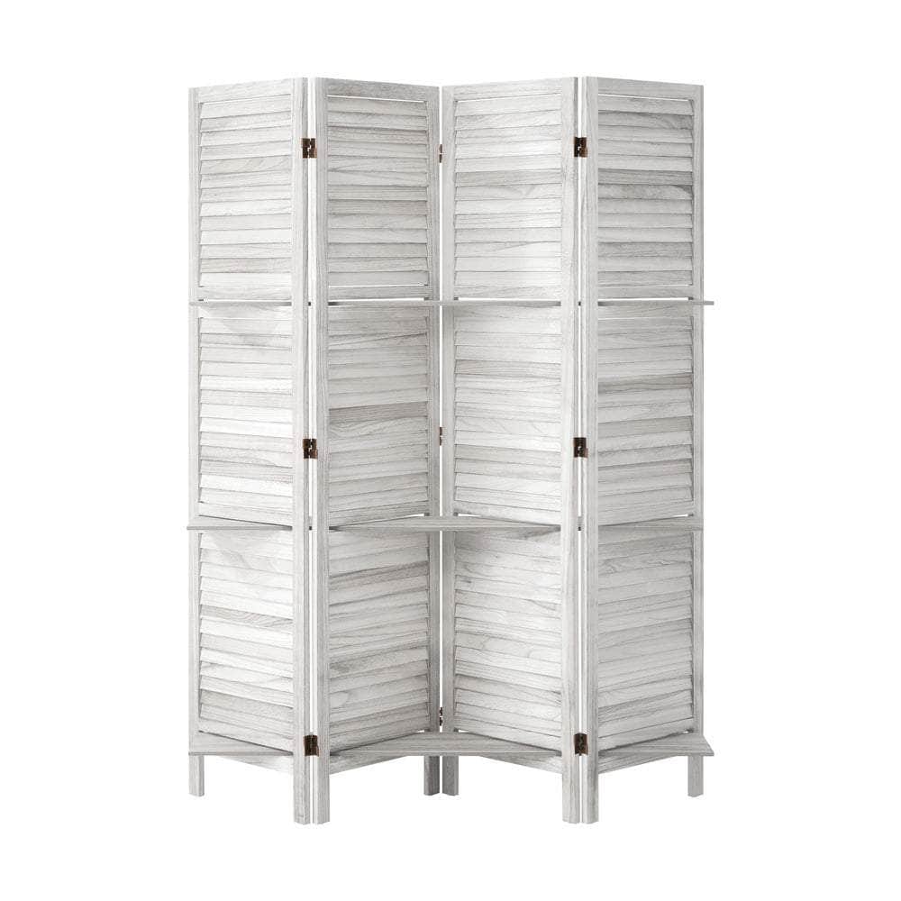 Wooden finish - 4 Panel Room Divider With Shelves Timber Wooden Natural