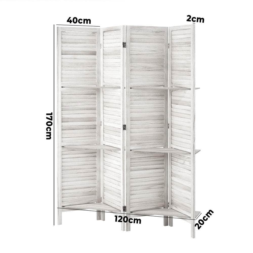 4 Panel Room Divider With Shelves Timber Wooden Natural