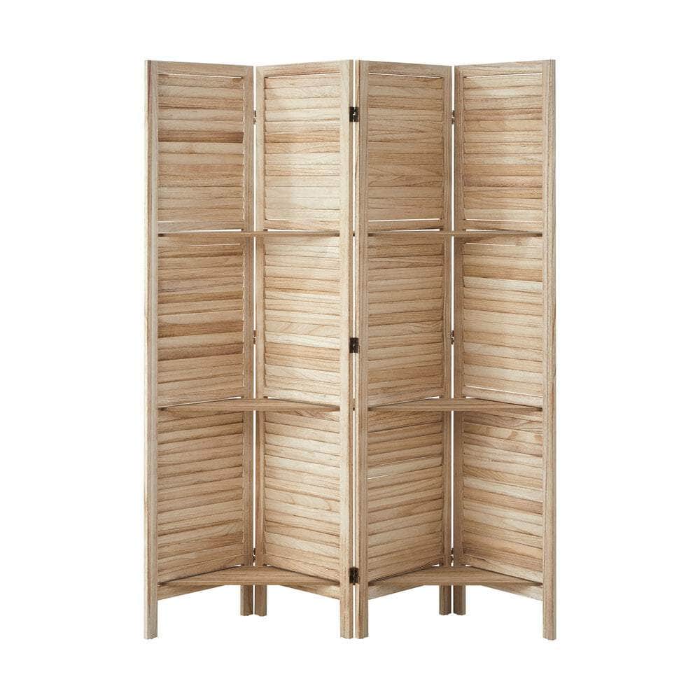 4 Panel Room Divider With Shelves Timber Wooden Natural with Wooden finish